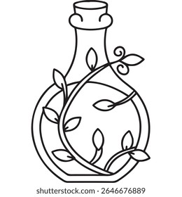 A stylized black and white line art illustration of a potion bottle with a vine and leaves growing inside and around it, isolated on a white background.