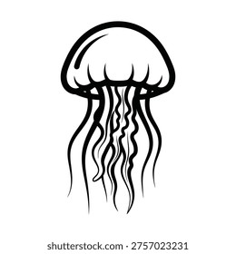 A stylized black and white line art illustration of a jellyfish with a bell-shaped body and flowing tentacles, depicted against a plain white background.