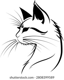 Stylized black and white line art of a feline face in side profile with prominent whiskers and pointed ears.