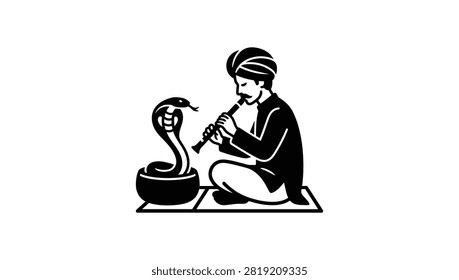 A stylized black and white line art drawing of an Indian snake charmer sitting on a mat playing a flute to a cobra rising from a basket