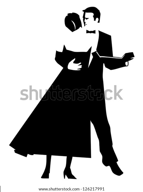 A stylized black and white\
line art drawing of an Elegant couple dancing at a black tie\
event.