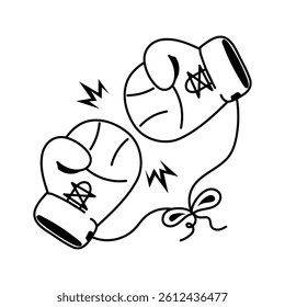 A stylized, black and white line drawing of two boxing gloves in a dynamic, almost confrontational pose