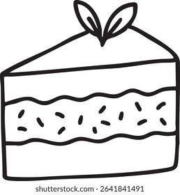 A stylized, black and white line drawing of a cake slice, featuring layers, sprinkles, and a leaf decoration.