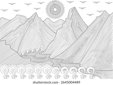 Dibujo estilizado de línea en blanco y negro de un paisaje de montaña con río, sol y nubes en un estilo de arte abstracto.