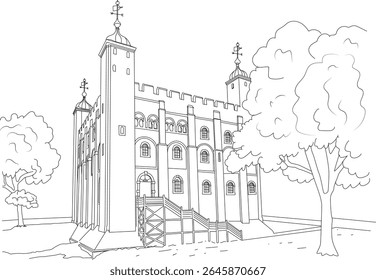 Ilustração estilizada em preto e branco com desenho da histórica Torre Branca, parte do complexo da Torre de Londres, mostrando sua icônica arquitetura medieval e paisagem circundante.