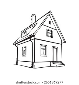 Um desenho estilizado, preto e branco, em linha, de uma casa de dois andares com um proeminente telhado empena, janelas dormentes, uma chaminé e uma porta frontal com degraus. A ilustração apresenta linhas limpas e um simples, g