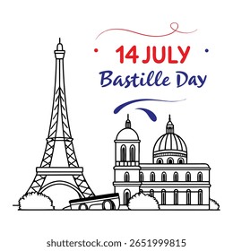 Um desenho estilizado de linhas em preto e branco celebra o Dia da Bastilha em 14 de julho, apresentando marcos parisienses icônicos como a Torre Eiffel e um edifício abobadado, com sotaques festivos em vermelho e azul.