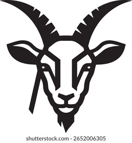 A stylized black and white line drawing of a goat's head, featuring prominent horns and a serious expression.  The image is simple yet striking.