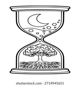 Dibujo estilizado de una línea en blanco y negro de un reloj de arena, con una luna creciente y burbujas en la cámara superior y un árbol profundamente arraigado en la cámara inferior, que simboliza el paso del tiempo, la vida y los ciclos naturales.