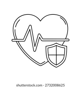 A stylized, black and white line drawing features a heart symbol overlaid with a electrocardiogram (ECG) line, representing a heartbeat. To the right of the heart and ECG line, a shield icon is positioned, symbolizing protection and security. The overall image conveys the concept of safeguarding heart health.