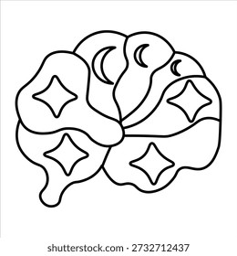 A stylized, black and white line drawing of a human brain, featuring celestial elements like moons and stars within its lobes, suggesting creativity and imagination.