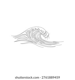 Stylized black and white line drawing of a powerful ocean wave cresting and breaking