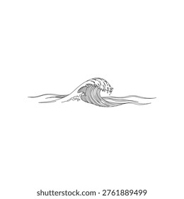 Stylized black and white line drawing of a powerful ocean wave cresting and breaking