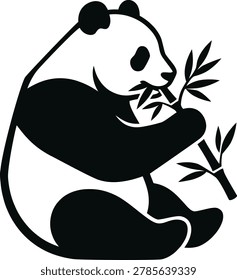 A stylized black and white line drawing of a panda sitting and eating bamboo, simple and clean vector illustration.