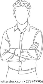 A stylized black and white line drawing of a man wearing a buttoned shirt with arms folded across his chest in a simple continuous stroke style