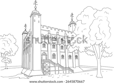 Stylized black and white line drawing illustration of the historic White Tower, part of the Tower of London complex, showcasing its iconic medieval architecture and surrounding landscape.