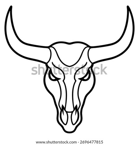 A stylized, black and white line drawing of a bull's skull with large, curved horns and an aggressive expression.