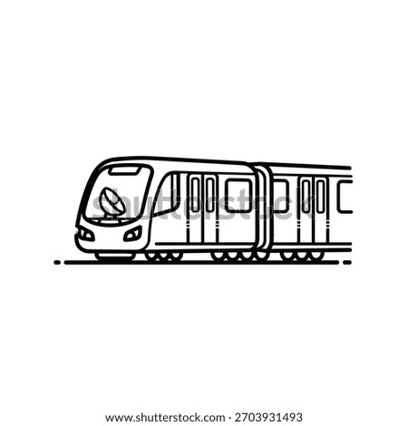 A stylized, black and white line drawing of a subway train on tracks.