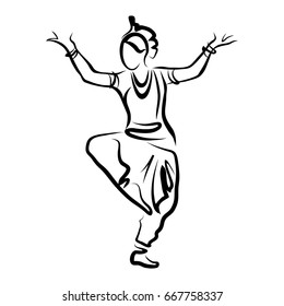 Stylized black and white logo dancing Indian woman for design, silhouette of oriental girl in dance