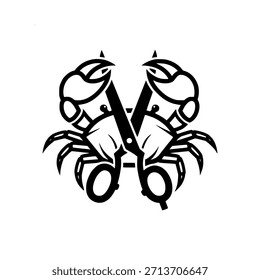 A stylized black and white logo featuring two crabs facing each other, holding a pair of open scissors vertically in the center. The design is clean and graphic.