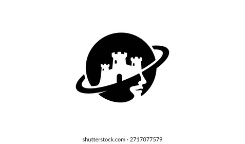 A stylized black and white logo featuring a castle silhouette within a planet-like sphere, encircled by a ring, symbolizing security, global presence, and strategic vision.