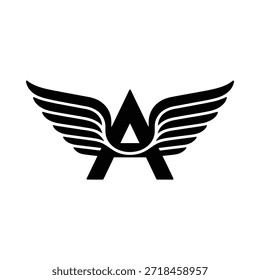 A stylized black and white logo featuring a letter with wings
