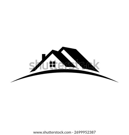 Stylized black and white logo featuring multiple house rooflines with a window, set on a curved base, representing real estate or home services.