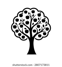 A stylized black and white a mature tree laden with ripe fruit perfect for concepts of growth abundance or natural resources.