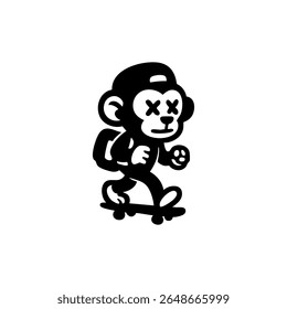 Une silhouette de singe stylisée en noir et blanc, coiffée d'une casquette, fait du skateboard