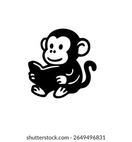 A stylized black and white monkey sitting and holding a book