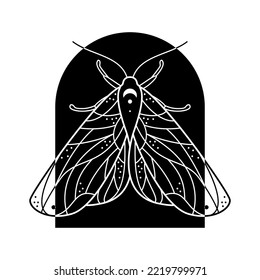 Stylized black and white moon night moth in arch shape frame. Hand drawn line art ornated vector illustration. Natural design for tattoo or makhenda, book cover, t-shirt print, poster or card.