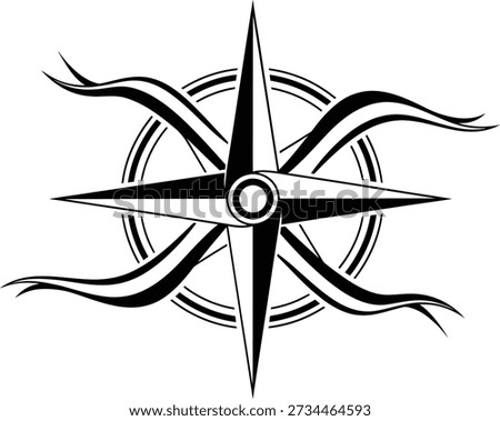 A stylized black and white nautical compass rose featuring sharp points and decorative wavy wind elements for navigation
