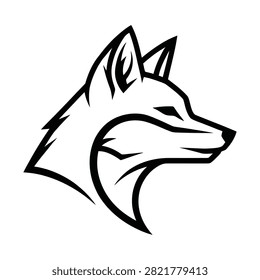 A stylized black and white outline of a fox's head in profile, featuring sharp lines and an alert expression, suitable for a logo or mascot.