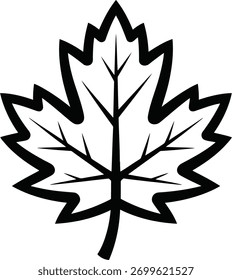 Un estilizado contorno en blanco y negro de una hoja de arce, un símbolo clásico de Canadá, con venas prominentes.