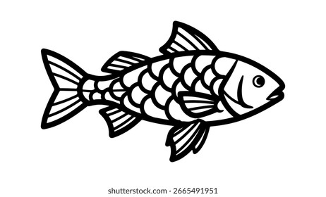 Stilisierte schwarz-weiße Umrissvektorgrafik eines Fisches, ein einfaches grafisches Gestaltungselement.