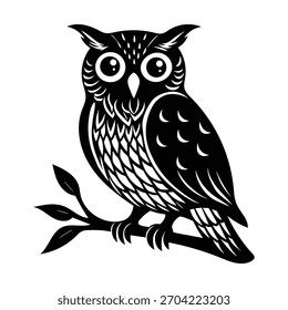 Stylized black and white owl perched on a tree branch vector art