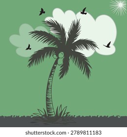 A stylized black and white palm tree illustration with birds flying around a bright, cloudy sky background.
