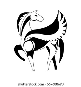 Stylized black and white Pegasus. Vector illustration.