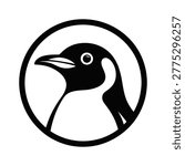 Stylized black and white penguin head profile within a bold circular frame graphic