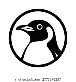 Stylized black and white penguin head profile within a bold circular frame graphic