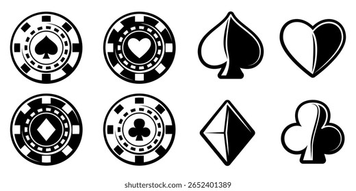 Estilizado preto e branco fichas de poker e ternos exibem os símbolos clássicos de corações, espadas, diamantes e paus contra um fundo branco escuro.