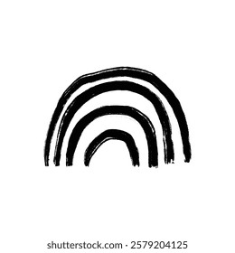 A stylized black and white rainbow illustration with thick brushstrokes creating a minimalist design.