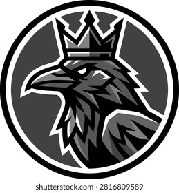 Stylized black and white raven with a crown in a circular emblematic design