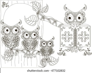 Stylized black and white reads owl and owlets on tree, hand drawn, vector illustration