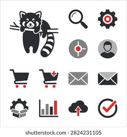 A stylized black and white red panda icon rests on a branch, surrounded by other icons like a magnifying glass, gear, shopping cart, and mail.