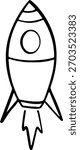Stylized black and white rocket taking off vertically. Cartoon style with flames.