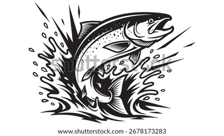 Stylized Black and White Salmon Leaping Upward with an Open Mouth