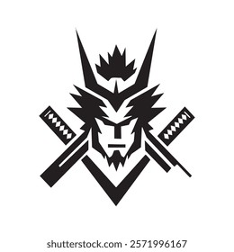 Stylized black and white samurai warrior logo with crossed swords.