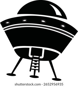 Uma silhueta estilizada em preto e branco de um clássico OVNI de disco voador com uma escada que se estende de sua escotilha aberta, pronta para visitantes alienígenas.