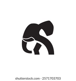 stylized black and white silhouette of an elephant, with its trunk raised and a tusk visible, creating a minimalist and artistic representation